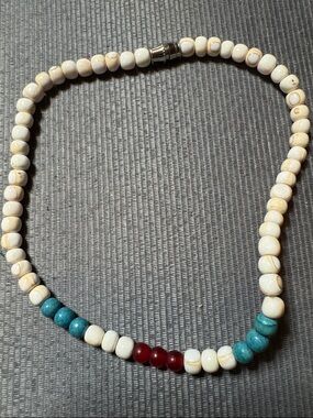 Source Unknown White Beaded Kids Necklace with Turquoise and Red Accents